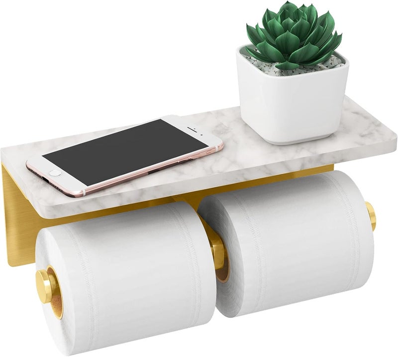 Gypie Brushed Gold Toilet Paper Holder with Shelf, New Upgrade Double Toilet Paper Holder with Storage, Marble Roll Toilet Paper Wall Mount for Bathroom Washroom - Image 1
